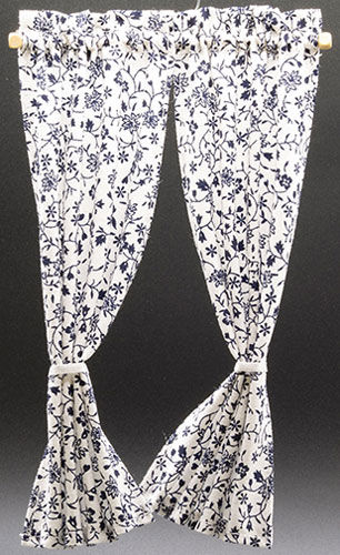 BB55605 - Tie Back Curtains: White with Blue Vine/Flower Design